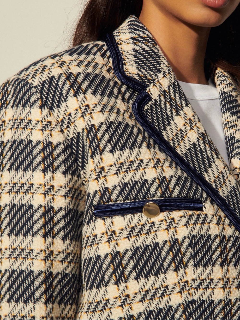 Sandro Cropped Plaid Tweed Jacket in Beige and Navy - Picture 3 of 6